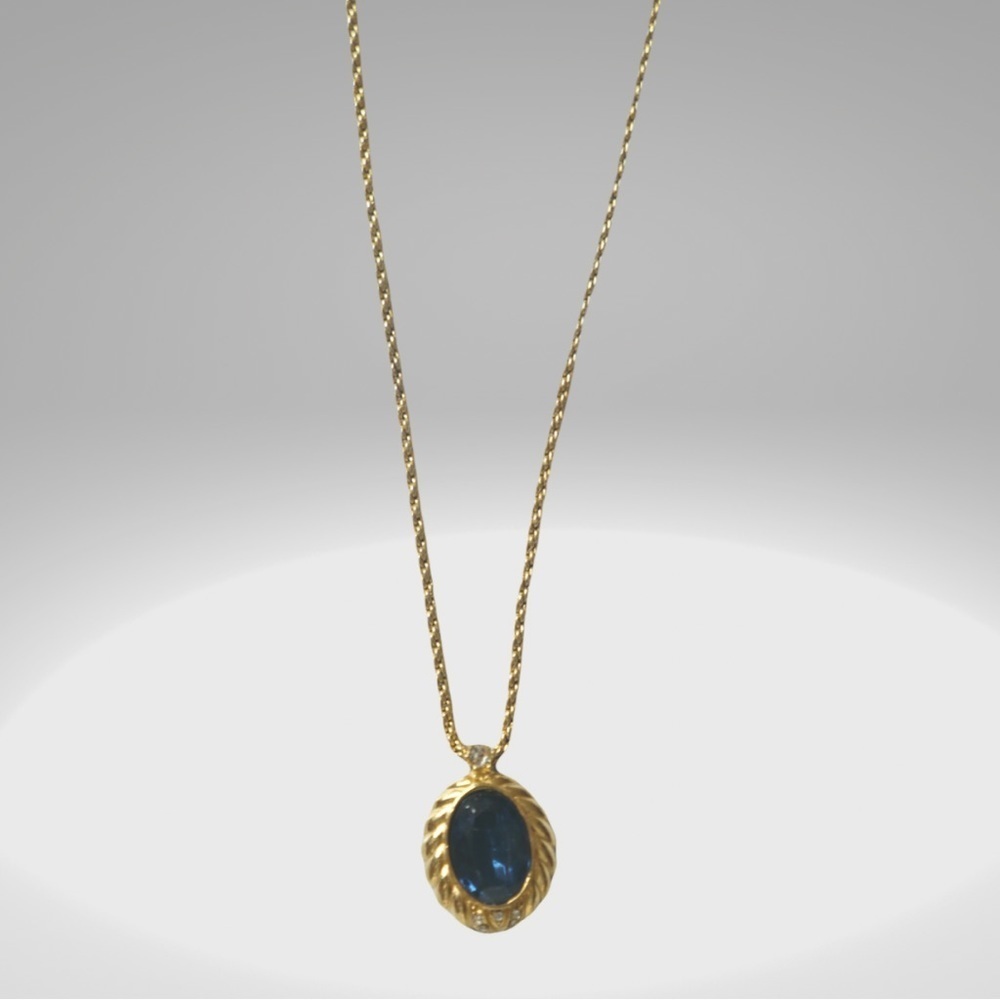 Rare Vintage Christian Dior 1980s Aqua deep Blue rope necklace oval stone.